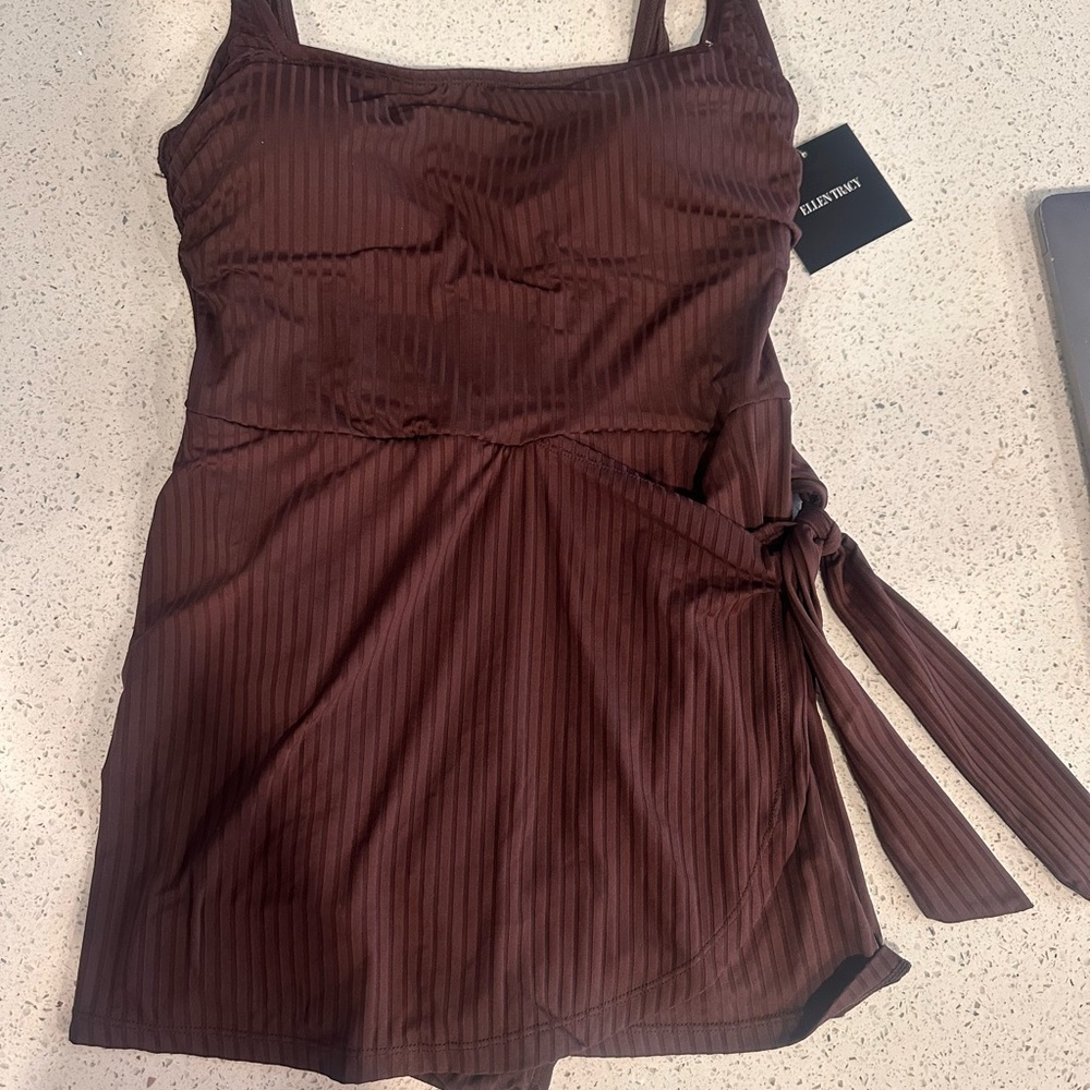 Ellen Tracy Brown Ribbed Wrap One-Piece Swimdress